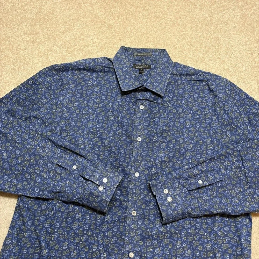 Banana Republic Shirt Mens XL Blue Floral Non Iron‎ Button Up Long Sleeve Casual